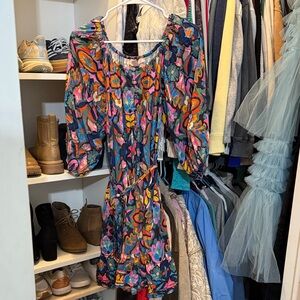 Philosophy Multicolor Long Sleeve Dress with pockets and tie around waist.